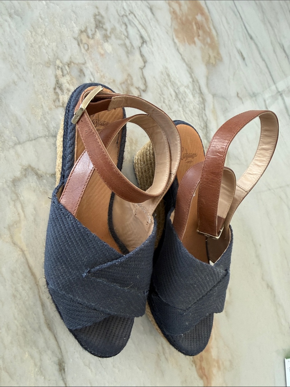 Castaner Woven Navy Espadrille Wedge Sandals with Brown Ankle Strap